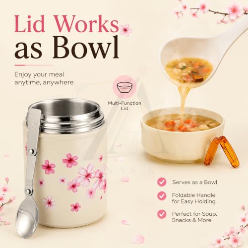 Image of Insulated Stainless Steel 1060ml Lunch Box with 350ml Tumbler | Leakproof Hot Cold Food Container | BPA-Free Cute Tiffin Box for Kids, School, Office, Travel, Picnic (Pink Cherry Blossom Floral)