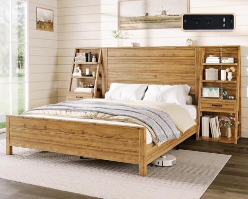 LUXOAK King Bed Frame with Wide Headboard and 4-Tier Bookshelves, Farmhouse Platform Bed with Charging Station & 2 Drawers, Noise-Free, No Box Spring Needed, Natural Oak