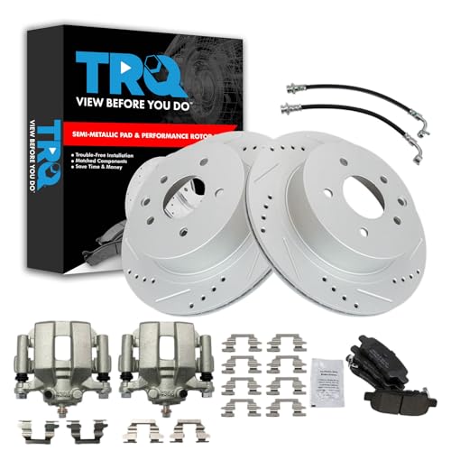 Image of TRQ Performance Rear Brake Pad and Rotor Set Semi Metallic Slotted Drilled Coated Rotors Calipers Compatible with 2003-2005 Infiniti G35 Nissan 350Z