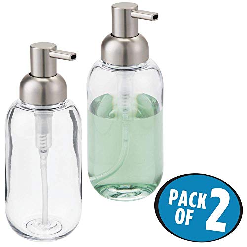 mDesign Round Plastic Refillable Liquid Soap Dispenser Pump Bottle for Bathroom Vanity Countertop, Kitchen Sink - Holds Hand Soap, Dish Soap, Hand Sanitizer, Essential Oils - 2 Pack - Clear/Brushed - Image 6