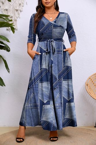 Image of Runwind Plus Size Dress for Women - 3 /4 Sleeve V Neck Maxi Dresses for Women (XL-6XL)