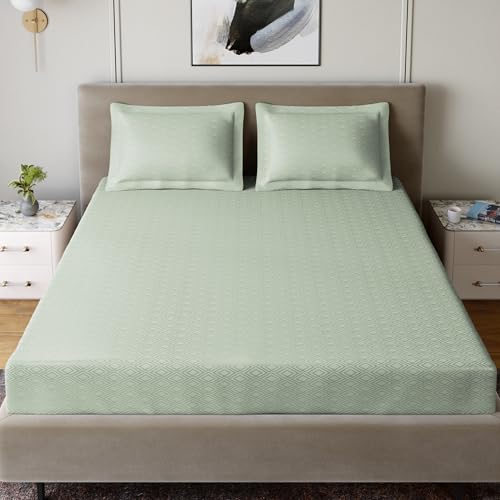 Image of Home Ecstasy 100% Cotton Jacquard Bedsheet for King Bed, 300 TC, Premium Woven Design, 1 Bedsheet (108 x 108 Inches) with 2 Pillow Covers, Light Green