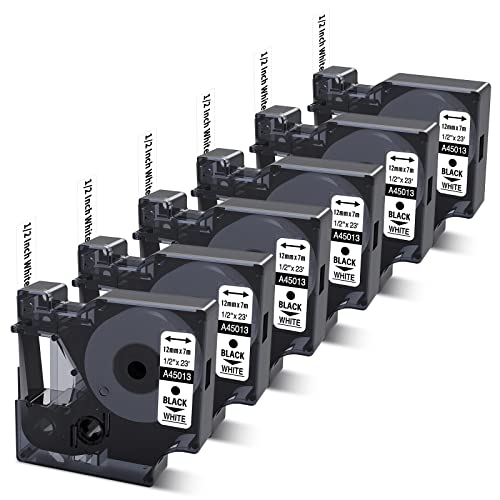 COLORWING Compatible Label Tape Replacement for Dymo D1 Label Tape 45013 S0720530 Label Maker Tape, Black on White, 1 2 inch x 23 feet, for Dymo LabelManager 160 280 210D 360D 420P PnP 450D, 6 Pack