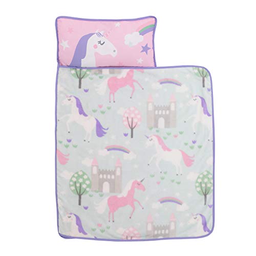 Image of Everything Kids Pink and Aqua Unicorn Toddler Nap Mat with Pillow and Blanket
