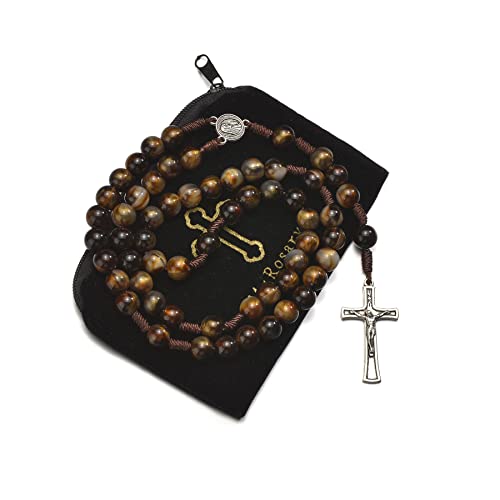 10mm Brown Beads Catholic Rosary Handmade Braided Rosaries with Curcifix Cross and Holy Mary Medal Amulet Rosary Beads Necklace for Women Men
