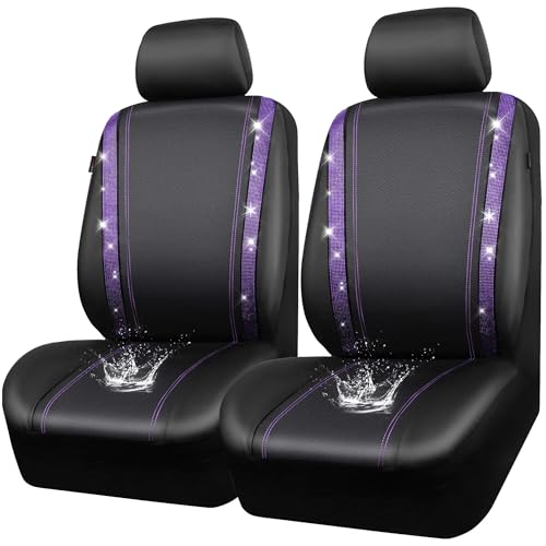 CAR PASS Leather Diamond Bling Car Seat Cover 2 Front Interior Sets Waterproof Universal Shining Glitter Crystal Sparkle Fit for 95% Automotive Truck SUV Cute Women Girl Black Purple Rhinestone