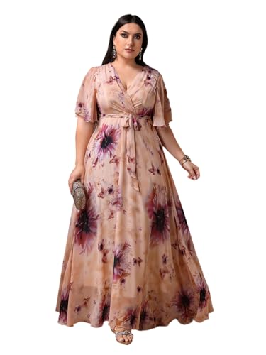 Image of Spring Summer 2024 Plus Size Womens Dresses V Neck Casual Elegant Long Sleeve Floral Print Maxi Dress