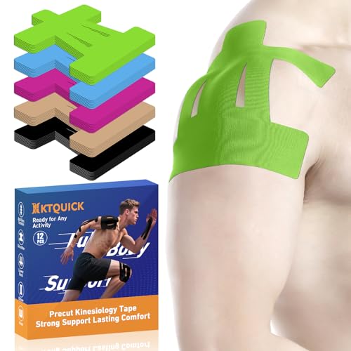 Image of Kinesiology Tape for Shoulder Precut, 12 PCS Shoulder Tape for Pain Relief, KTQUICK Original Cotton Waterproof & Breathable, Enhance Elastic Sports Tape for Pain Support and Muscle Sports, Green