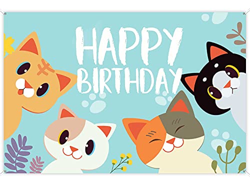 Happy Birthday Banner Backdrop Sky Blue Cute Cat Theme Party Deco...