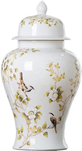 Vase pot de gingembre en céramique blanche et oiseaux décoratif