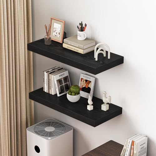 Image of Dreamland 32 inch Floating Shelves for Wall, 12 inch Deep Thicker Black Floating Shelves, Wall-Mounted Shelves for Bedroom, Living Room, Kitchen, Bathroom - Set of 2