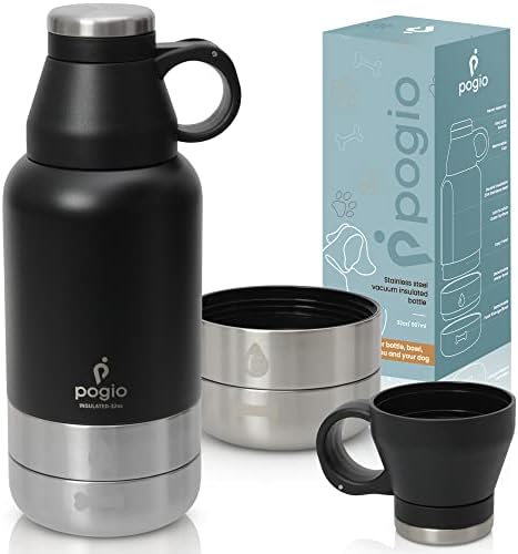 Pogio 3-in-1 Dog Water Bottle Bowl - 32 Oz. Pet Water Bottle with Bowl for Wet or Dry Food and Wide Open Mouth with Cup, Leak-Proof Food-Safe Portable Travel Water Bottles for Dogs