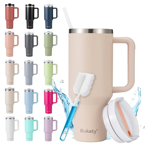 Bukaty Taza térmica con pajita y asa, 40 oz, vaso con tapa y pajita, taza de café al vacío de acero inoxidable de doble pared con asa y paja, taza de coche para bebidas calientes y frías