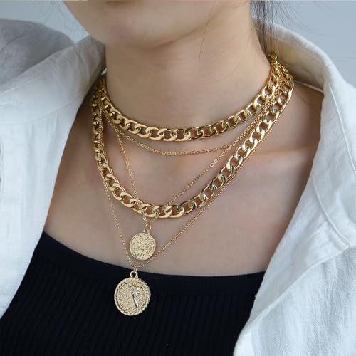 Atiptu Vintage Pirate Necklace for Women Chunky Layered Link Chain Choker Coin Necklaces Punk 80s 90s Necklace Pirate Jewelry for Women Men Prom Costume3