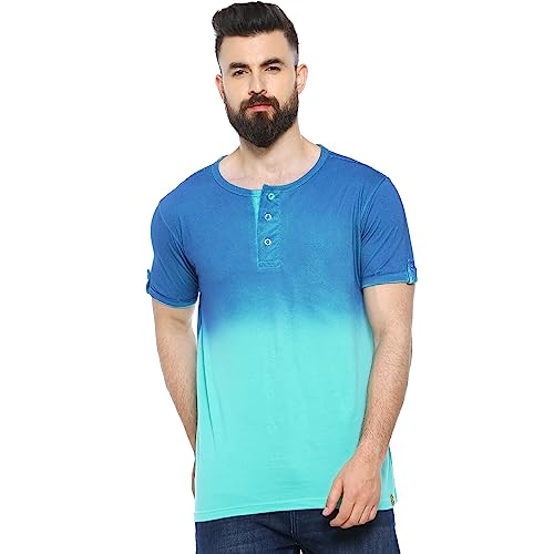 Image of CAHOOT Men's Blue and Mint Ombre Henley Neck Short Sleeve Regular Fit T Shirt for Regular Wear