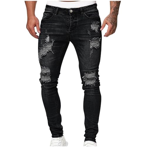 Mens Jeans Fashion Ripped Frayed Pants Guys Hip Hop Club Streetwear Slim Fit Vintage Washed Denim Trousers Stretchy