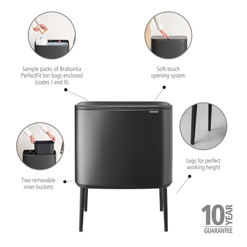 Image of Brabantia Bo Touch Top Kitchen Trash Can with Dual Compartments & Raised Legs | Confident Gray | 3 + 6 Gal Inner Buckets | Soft-Close Garbage Can, Stay-Open Lid | Fits Against Wall | + Trash Bags