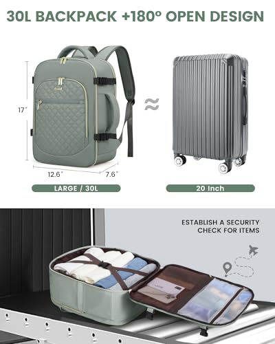 LOVEVOOK Carry on Backpack, 30L Travel Backpack for Women Airline Approved,Luggage Business Weekender Overnight Daypack as Personal Item fit for 15.6 inch Laptop,Gray Green4