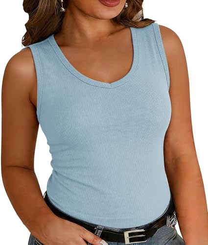Women's Plus Size Tank Tops Summer Sleeveless V Neck Ribbed Cami Shirt
