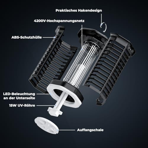 YISSVIC Elektrischer Insektenvernichter 4200V Mückenfalle 15W mit UV-Licht und LED-Beleuchtung Wasserdicht IPX4 geeignet für außen und innen