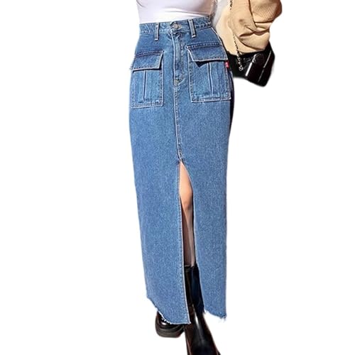 Jean Skirts for Women High Waisted Front Slit Casual Stretchy Long Denim Skirts with Flap Pockets