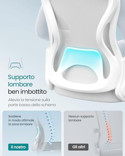 Sedia Ufficio Ergonomica, Sedia Scrivania Girevole in Rete, Supporto Lombare, Funzione Oscillante, Braccioli, Studio Camera da Letto, Grigio Tortora e Bianco Nuvola OBN043GD02 - Sedia gaming - Immagine 3