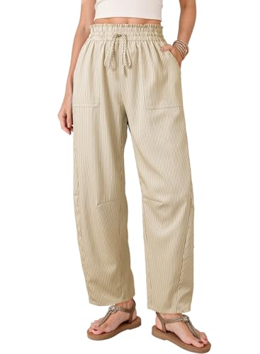 Dokotoo Women's Barrel Casual Striped Pants High Waisted Wide Leg 2026 Spring Fashion Balloon Trousers with Pockets Tapered Dressy Business Casual Work Outfits Cruise Outfits,Apricot Stripe Large