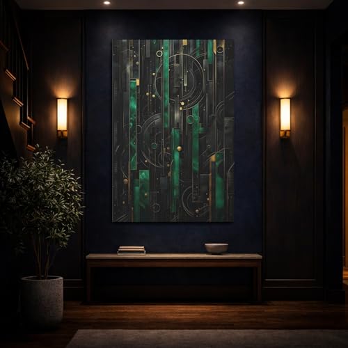 Tableau géométrique émeraude or 30x45 cm vertical pour décoration murale
