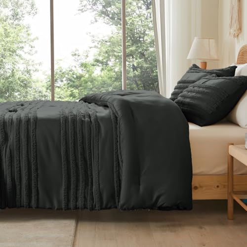 Image of BEDELITE Boho King Size Comforter Set - Dark Grey Tufted Striped Bed Set 3 Pieces, Soft Vintage Farmhouse Comforter for All Seasons, Boho Home Decor,Fluffy Jacquard Bedding with Pillow Sham