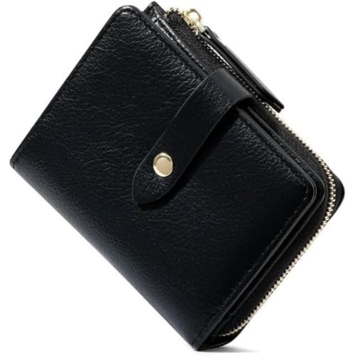 Minimalist Genuine Leather Bifold Wallet for Women with Efficient Card Organization System and Coin Pocket (Black)