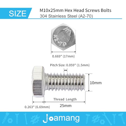 Image of M10-1.5 x 25mm 10Pcs Hex Bolts, Hexagon Head Screws, 304 Stainless Steel(A2-70), Metric Fully Thread, Bright Finish