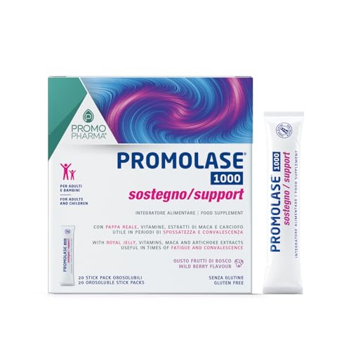 Promolase 1000 Apoyo - Stick Con jalea real, vitaminas, extractos de maca y alcachofa útil en periodos de agotamiento y convalecencia - 20 stick de 1g