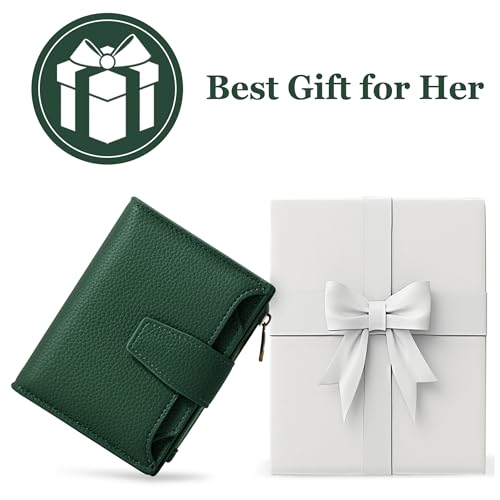 Image of Airkit Wallet Women, Small Wallet for Women Leather, Ladies Bifold Compact RFID Blocking Credit Card Holder, Girls Mini Travel Purse, Pocket Passport Wallet with 4 ID Window, Forest Green, 5 inch x 3.8 inch x