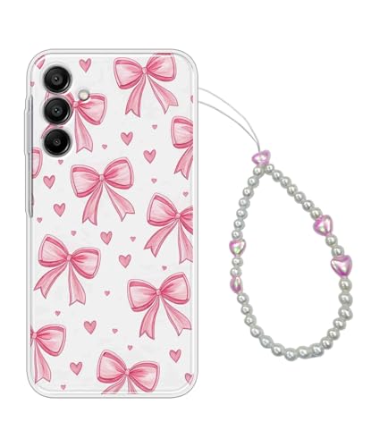 Image of COBERTA Printed Back Cover for Samsung Galaxy A16 5G Back Cover Case with Phone Charm Chain Strap Beads & Pearls for Girls Stylish - Trendy Pink Bows and Phone Charms - D16915