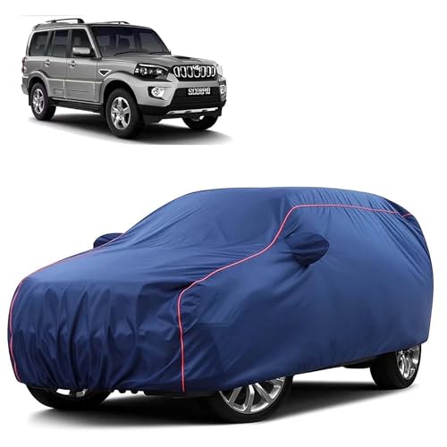 Image of Sulfar 100% Water Resistant Car Body Cover Compatible with Mirror for Mahindra Scorpio (Triple Stitched, Full Bottom Elastic, Blue Taffeta with Red Piping)
