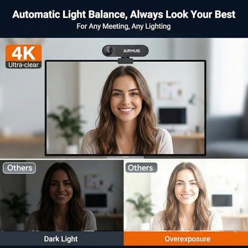 AIRHUG 4K UHD USB Webcam No Mic with Privacy Cover for Secure Meetings - 16MP Sony Sensor, PDAF Fast Focus, 63° Gold FOV, Auto Light Balance, Streaming Camera Without Audio for PC/Laptop/Desktop - Thumbnail 6