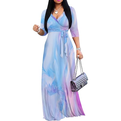 Image of PinkPatty Plus Size Maxi Dress for Women 3 /4 Sleeve Casual Long Dress | Soft stretchy fabric, functional pockets, flattering wrap v neck for vacation, casual wear and everyday styling