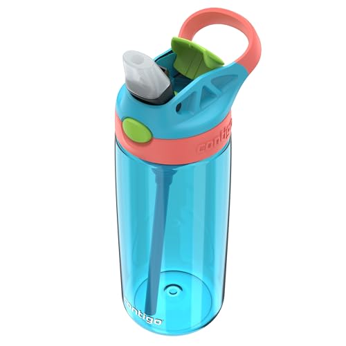 Image of Contigo Kids Cleanable AutoSpout Water Bottle with Pop up-Straw, BPA-Free Plastic, 20oz, Blue Raspberry & Coral