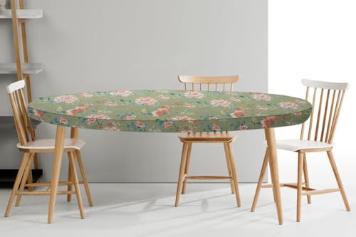 Image of The Furnishing Tree Elastic Cotton Oval Dining Table Cover 30x48 in Inches Floral Multicolor on Greenish Base