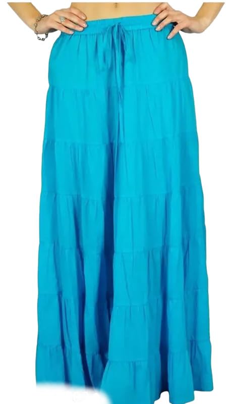 Women Ethnic Long Tiered & Layered Cotton Solid Sky Maxi Skirt with Elasticated Waist-picture-12