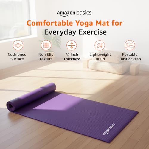 Image of Amazon Basics 6 MM Yoga Mat with Carry Strap | Grippy Surface | Anti-Slip Exercise Mat | PVC Material | Yoga Mat for Men & Women | Exercise Mat for Gym or Home | Purple