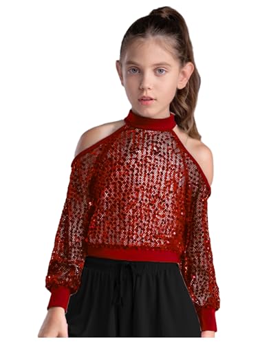 Kids Girls Shiny Sequin Dance Cropped Tshirt Tees Long Sleeve Cold Shoulder Mesh Crop Top