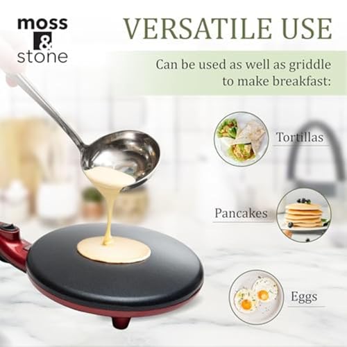 Image of Moss & Stone Red Electric Crepe Maker, 8 inch Portable Nonstick Crepe Pan | Nonstick dipping plate, auto shut-off, on /off switch, even heating, dual temperature control, compact design