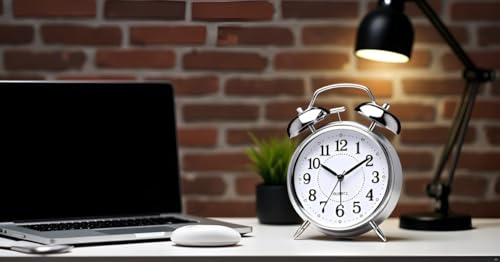 Image of Silver Twin Bell Table Clock, Metal Frame Alarm Clock with Night Backlight, Silent Movement, High Volume for Heavy Sleeper Alarm for Home,Office,Bedroom,Living Room(1-pcs)