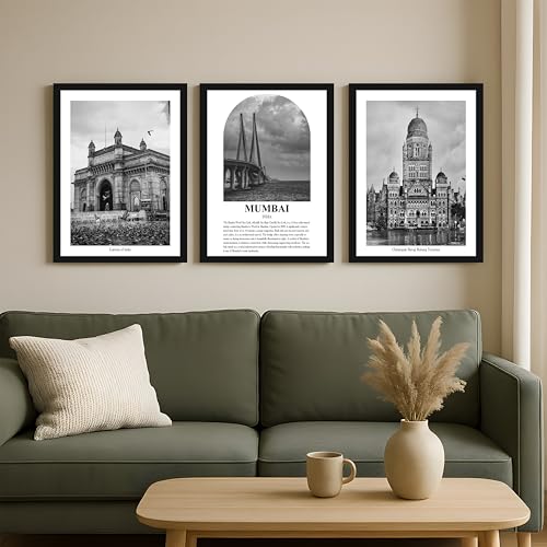 Image of PAINTINGMANTRA Wall Framed Painting for Home A3 Mumbai Wall Art Prints Pack of 3 Framed Wall D cor of Heritage Landmarks Gateway of India Bollywood Cityscapes for Living Room, Office (32x44 cm)