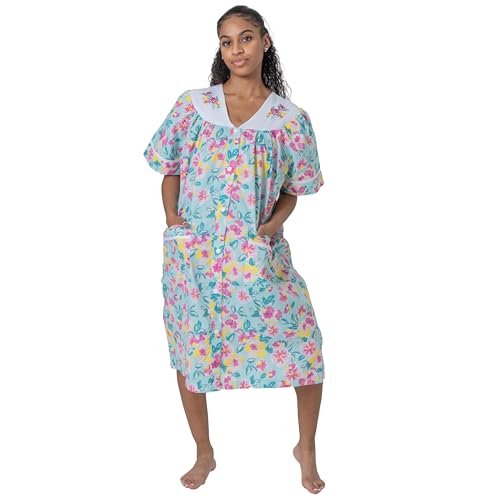 Image of Women's Short Sleeve Woven Snap-Front Closure Floral Embroidery Housecoat Duster Lounge Nightgown Robe with Front Pockets