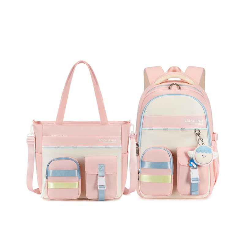 Conjunto de Mochila e Bolsa Tote, Nylon, Múltiplos Compartimentos, para Notebook 15,6 Polegadas (Rosa)