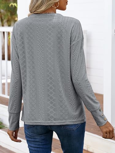 ANRABESS Womens Eyelet Tops Long Sleeve Henley Shirts Business Dressy Casual Blouse Vacation T-Shirt 2025 Fall Outfits