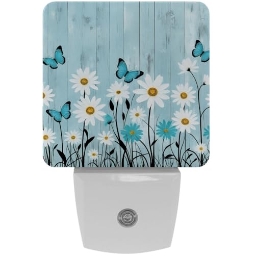 Image of NEWzone Daisy Floral Butterfly Rustic Plank Night Light [2 Pack], Plug in Wall Led Night Lights Decor for Boys Girls Room, Dusk to Dawn Sensor Wall Lamp for Stairway /Bedroom /Kitchen /Nursery Room