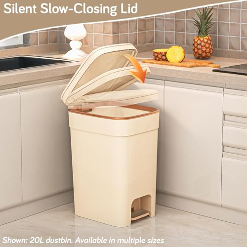 Image of HOKIPO Press-Top & Pedal Dustbin with Lid | Plastic Lightweight Step-On Trash Bin with Silent Soft-Close Lid & Bag Holder Ring | 15 Litres, Cream (NEW-AR-6195)